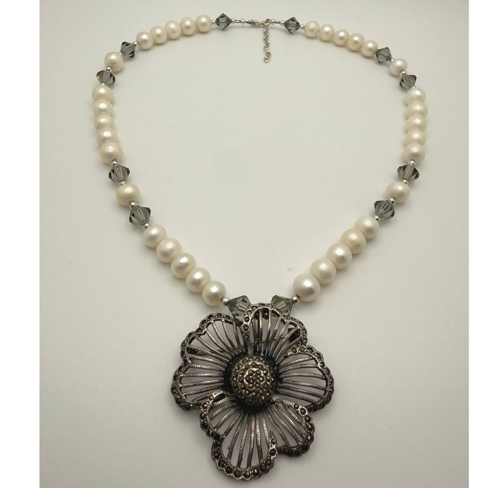 Vintage Sterling Silver Marcasite Flower Brooch Pearl Crystal Necklace JF59